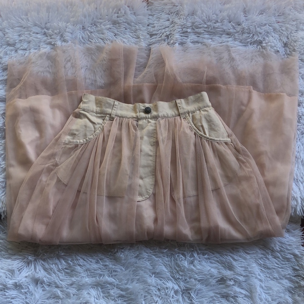In Field Nude Pink Blush Tulle  High Waist Mesh  A-Line Midi  Skirt Small